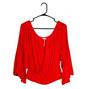 Free People Open Crossover Front V Neck Pleated Blouse Red Bell Sleeve Womens L
